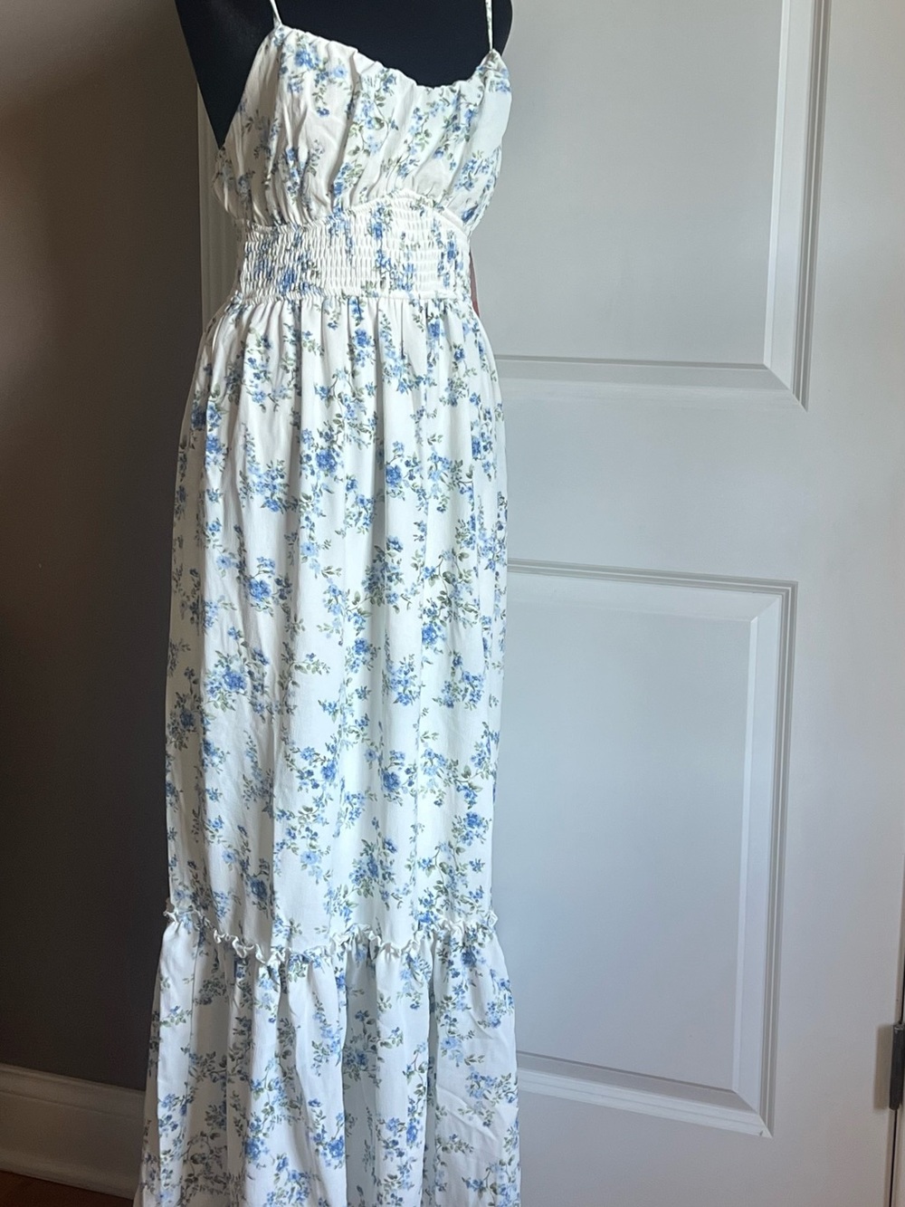 Inspired Hearts White Maxi Dress with Blue Floral Print